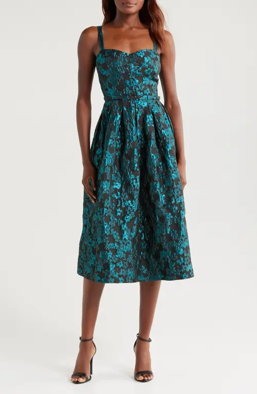 Mila Mae Metallic Floral Jacquard Midi Dress in Black Teal at Nordstrom, Size Medium | Nordstrom