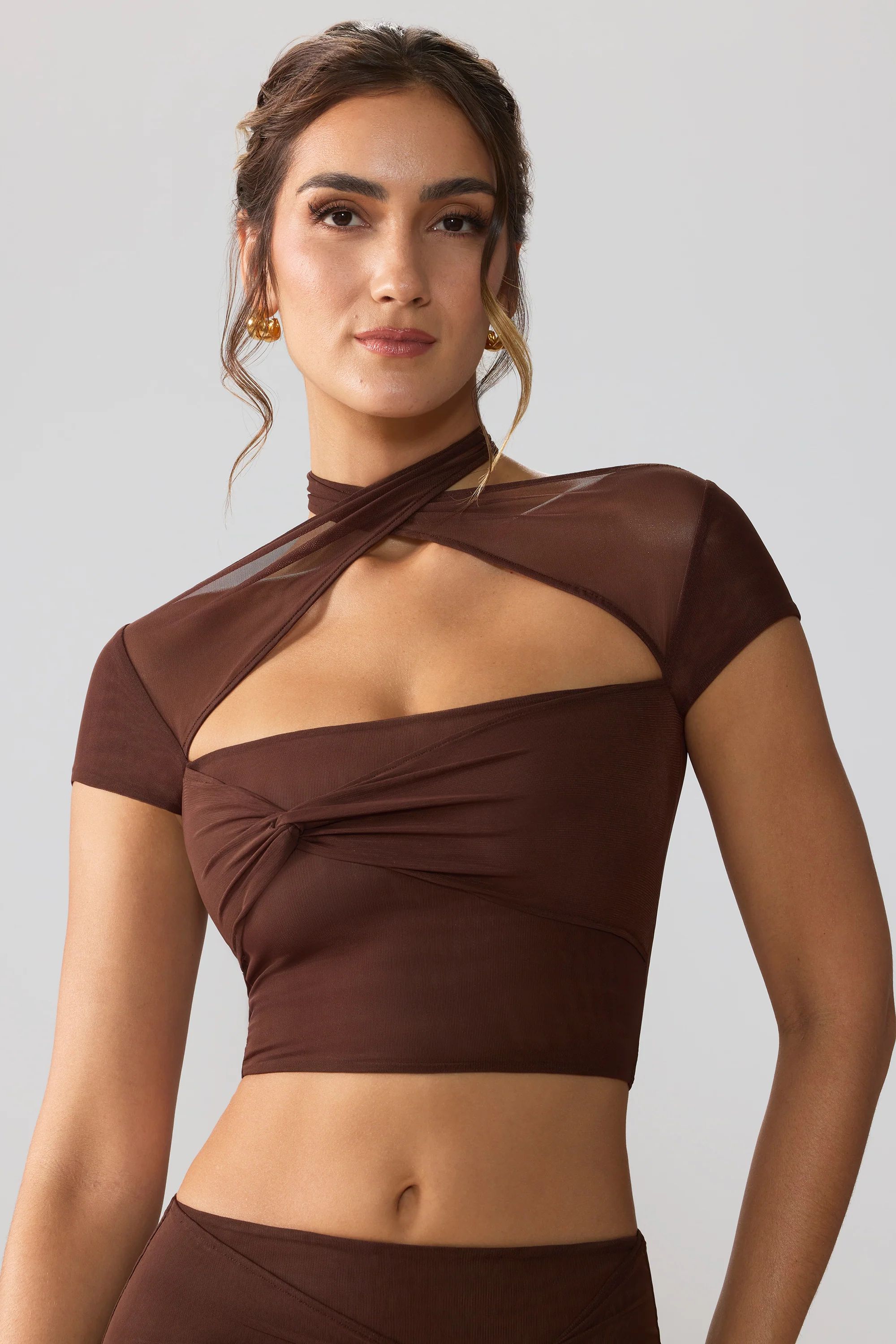 Mesh Cap Sleeve Cut Out Crop Top in Espresso | Oh Polly