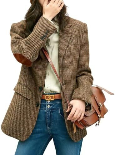 chouyatou Women's Fall Winter Wool Business Casual Blazer Jacket Single Breasted Plaid Dressy Wor... | Amazon (US)