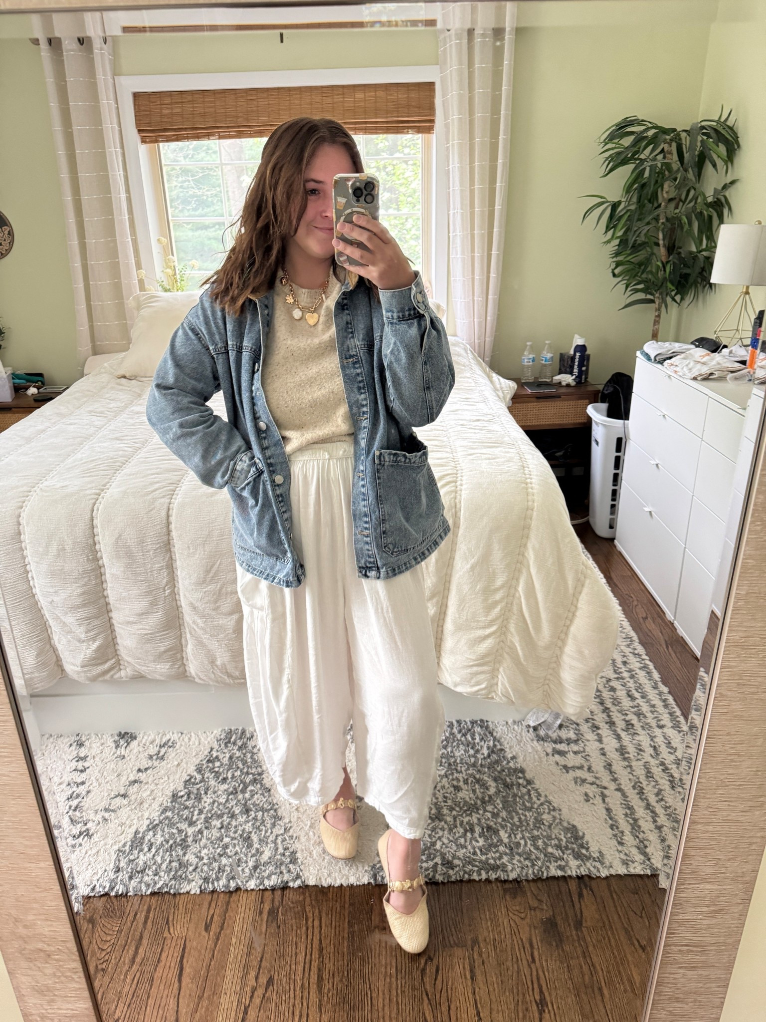 Simple casual spring outfit ❤️ denim barn jacket paired over the free people Quinn balloon pants and a cropped sweater. These rattan ballet flats totally complete the outfit!!

The flats run tight. Size up 1 size.
Pants run large. Size down 1.
Sweatshirt is true to size.
Denim barn jacket is true to size

#LTKSaleAlert #LTKootd #LTKSeasonal