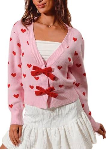Galentine's Day Cat Bow Tie Cardigan Sweater Cute Love Heart Print Crop Cardigans Bowknot Long Sleeve Sweater Shirts for Women | Amazon (US)