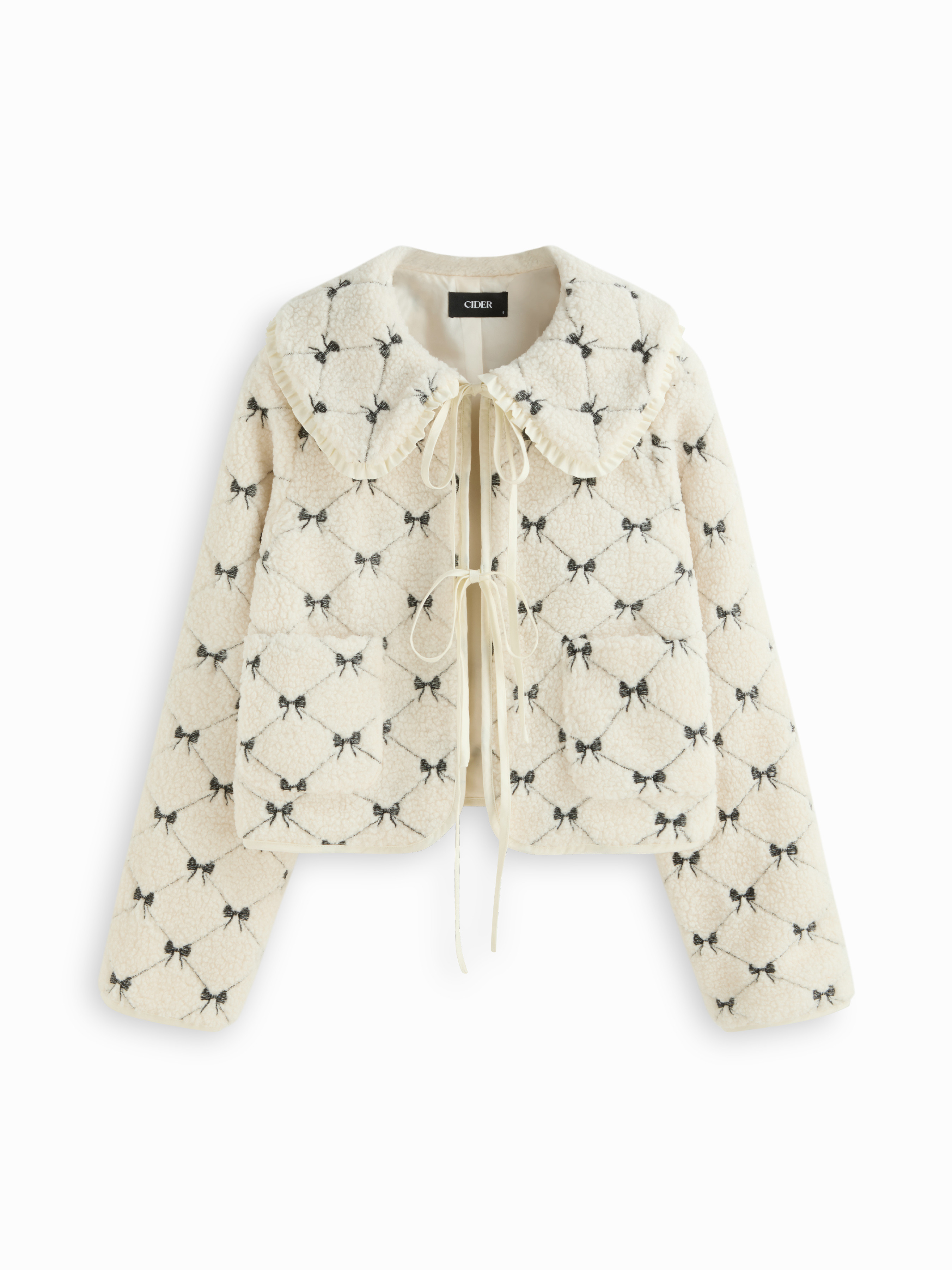 Fleece Fleece Peter Pan Collar Bowknot Embroidery Tie Front Oversized Jacket For Daily Casual | Cider