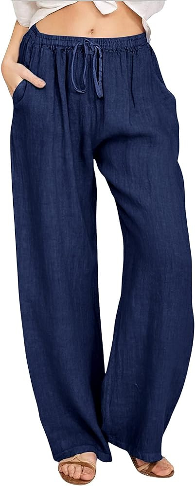 CHARTOU Women's Summer Drawstring Waist Wide Leg Loose Cotton Linen Palazzo Pants | Amazon (US)