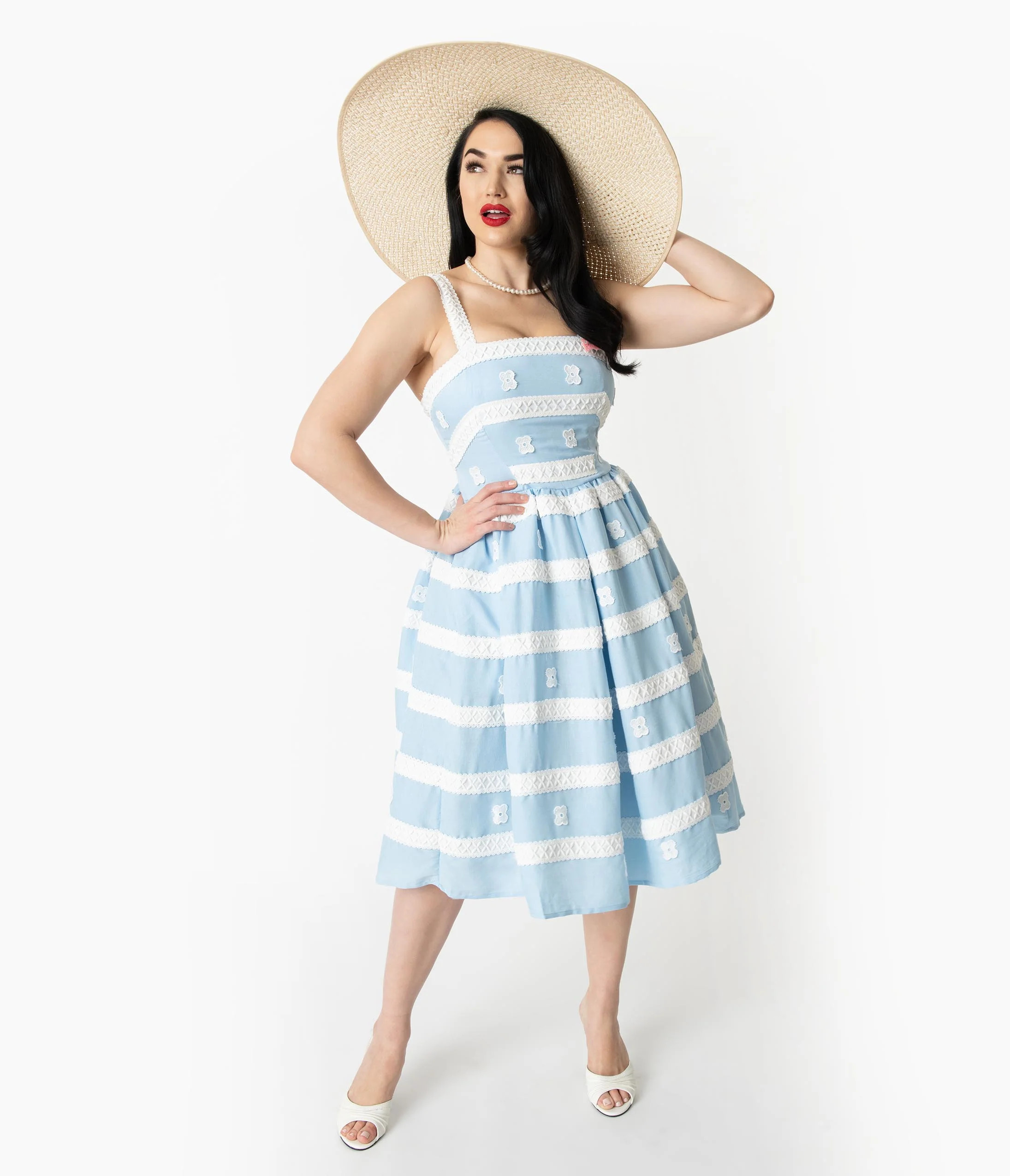 Barbieª x Unique Vintage Blue & White Suburban Shopper Sundress | Unique Vintage - North America