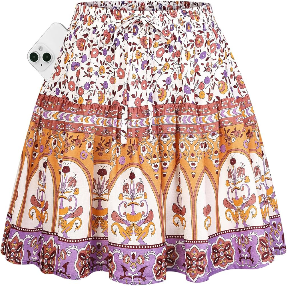 Kate Kasin Women's Boho Mini Skort with Pockets, Summer Floral Skirts with Shorts, Beach Vacation... | Amazon (US)