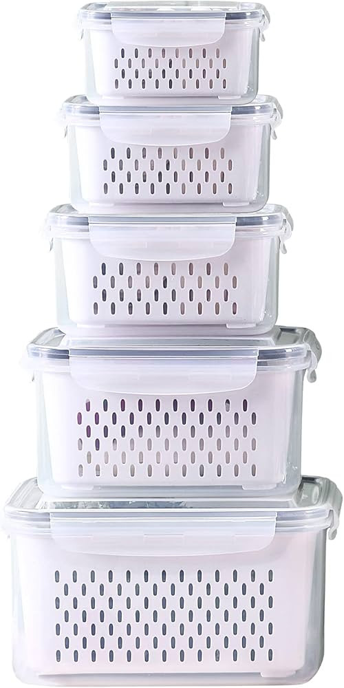 Large Fridge Food Storage Container Set with Lids with Strainer, Fruit Vegetable Storage Containe... | Amazon (US)