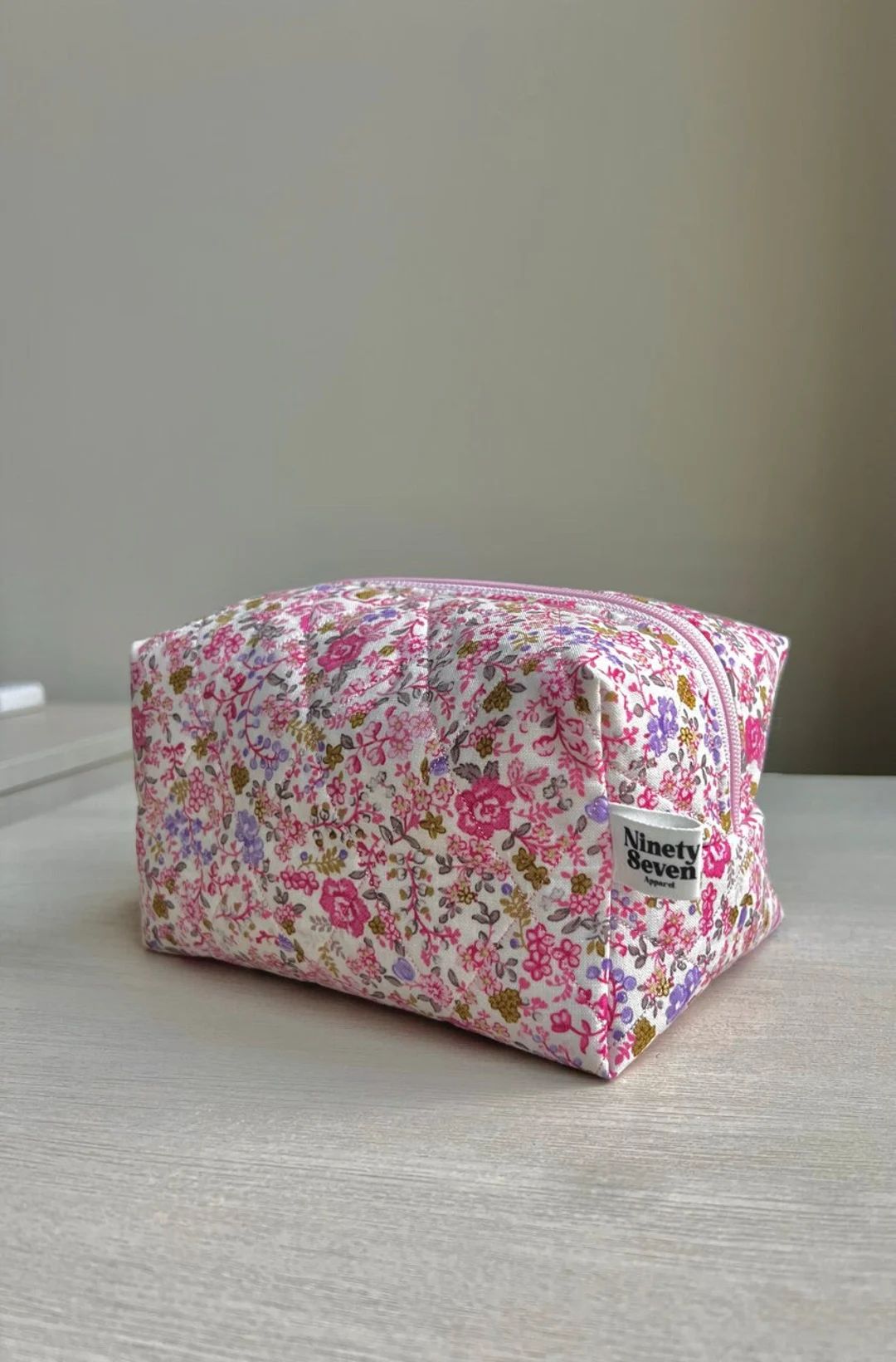 Pink Quilted Makeup Bag, Floral Makeup Bag, Floral Quilted Bag, Cotton Cosmetic Bag, Quilted Skin... | Etsy (US)
