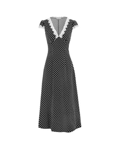 Women Summer Dresses Deep V Neck Polka Dot Prined Splice Lace Dress Elegant Cotton for Party Black S | Amazon (US)