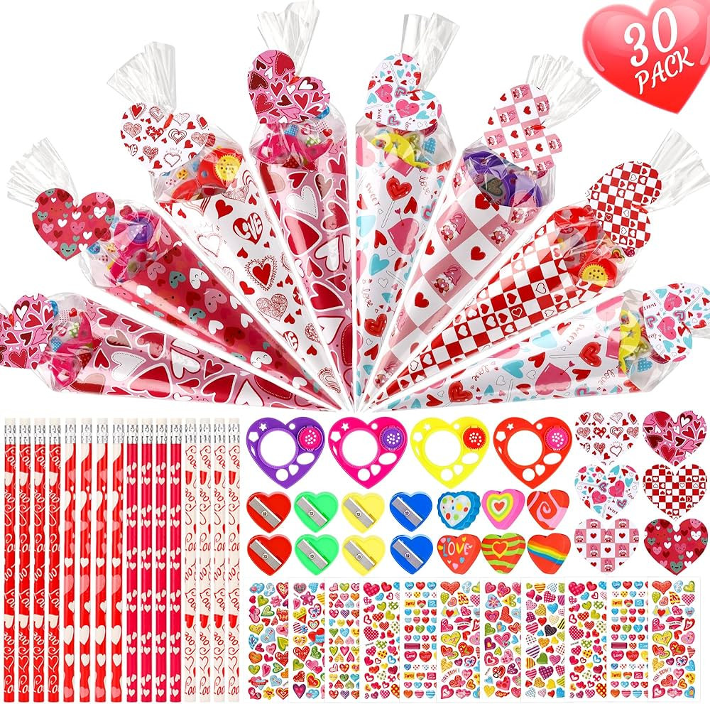 Valentine's Day Gifts for Kids-30 Pack Valentines Sweet Cones Shaped Stationery Gift for Classroo... | Amazon (US)
