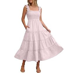 Caracilia Womens Summer Midi Dress Casual Square Neck Sleeveless Eyelet Smocked A Line Tiered 202... | Amazon (US)