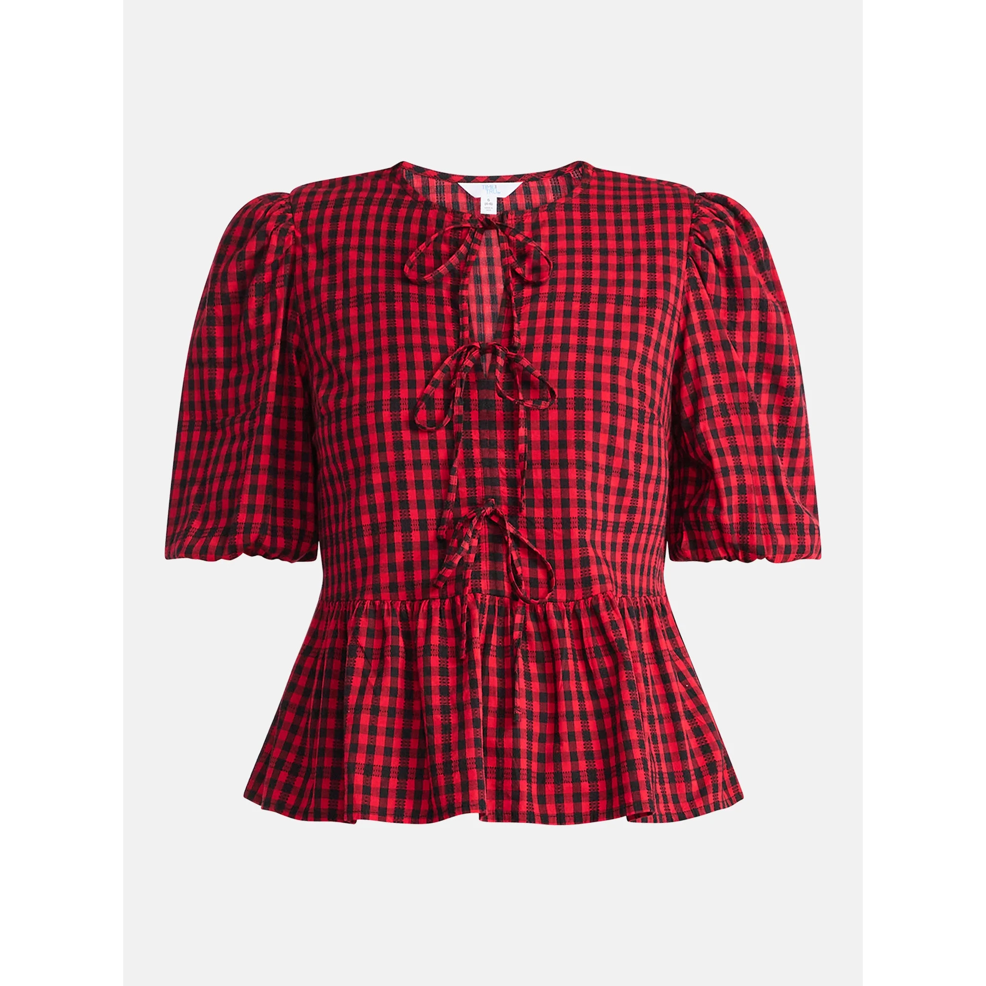 Time and Tru Women's Tie Front Peplum Top with Short Puff Sleeves, Size XS – XXXL | Walmart (US)