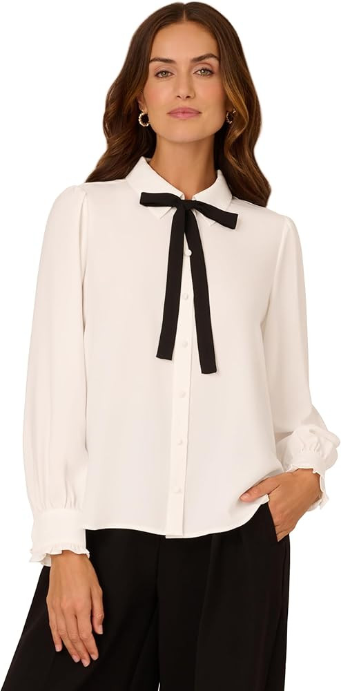 Adrianna Papell Women's Long Sleeve Woven Button Front Top with Contrast Neck Tie | Amazon (US)