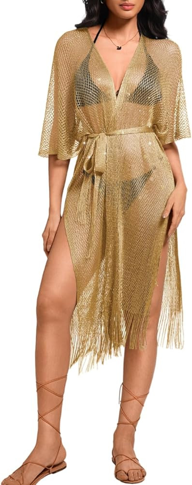 Kaei&Shi Sexy Swimsuit Beach Coverups,Long Kimonos for Women,Open Front Crochet Summer Cardigan | Amazon (US)