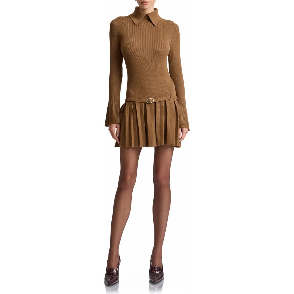 Avec Les Filles Drop Waist Pleated Sweater Dress in Russet at Nordstrom, Size X-Small | Nordstrom