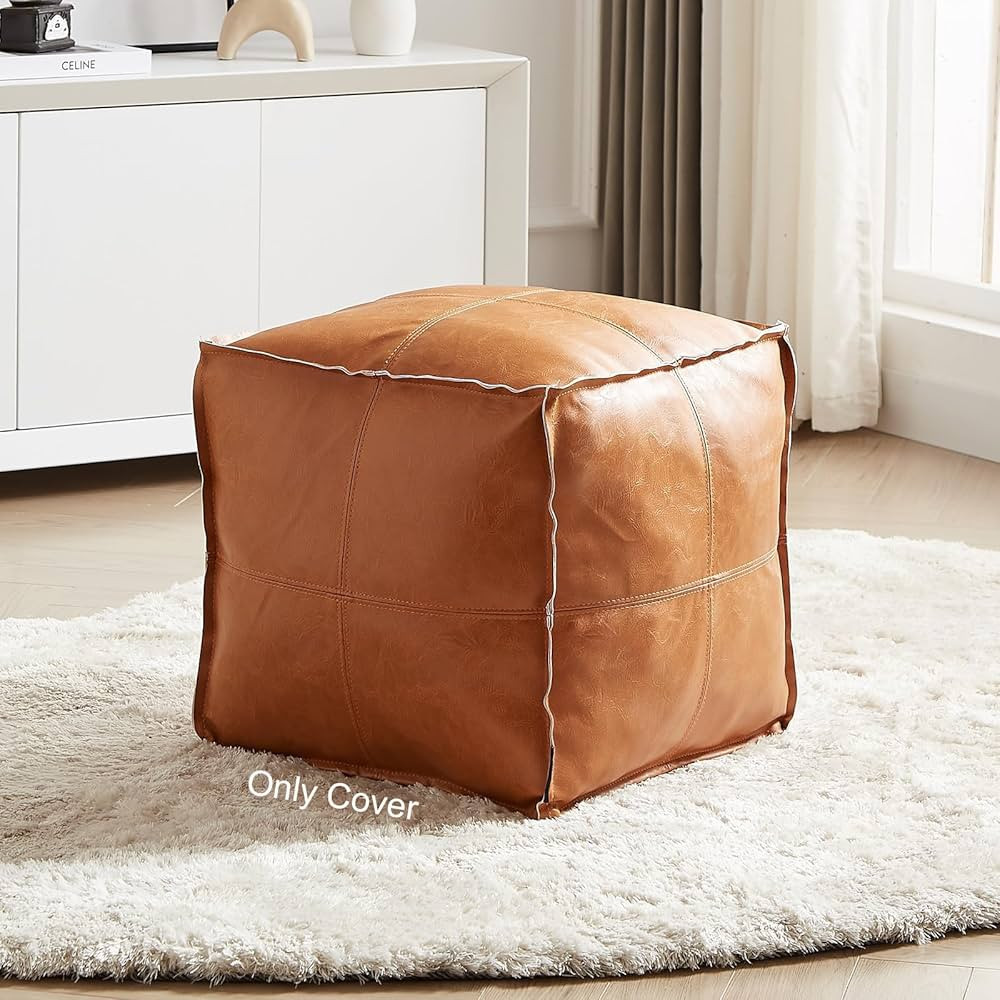 Pouf Ottoman, Unstuffed Pouf Cover, Handmade Faux PU Leather Moroccan, Orange Brown 17.7" Square,... | Amazon (US)
