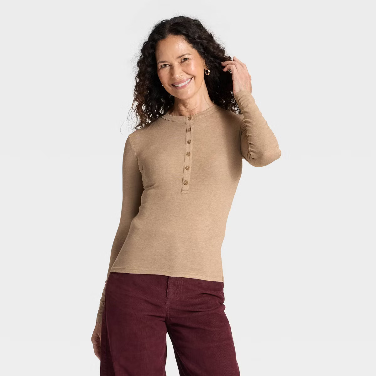 Women's Long Sleeve Henley Shirt - Universal Thread™ Heather Taupe S | Target