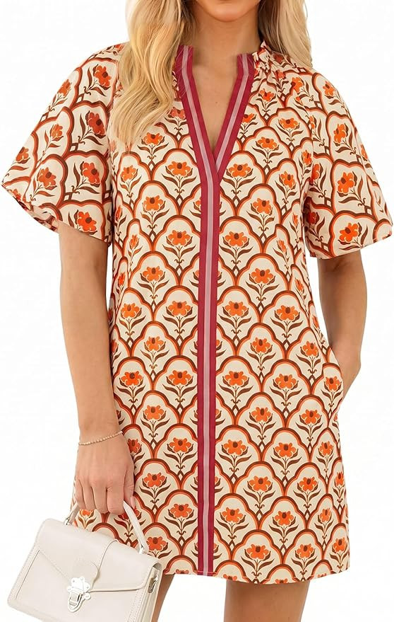 Wenrine Womens Summer Dresses Casual Floral Puff Sleeve V Neck Boho Loose Beach Mini Dress with P... | Amazon (US)