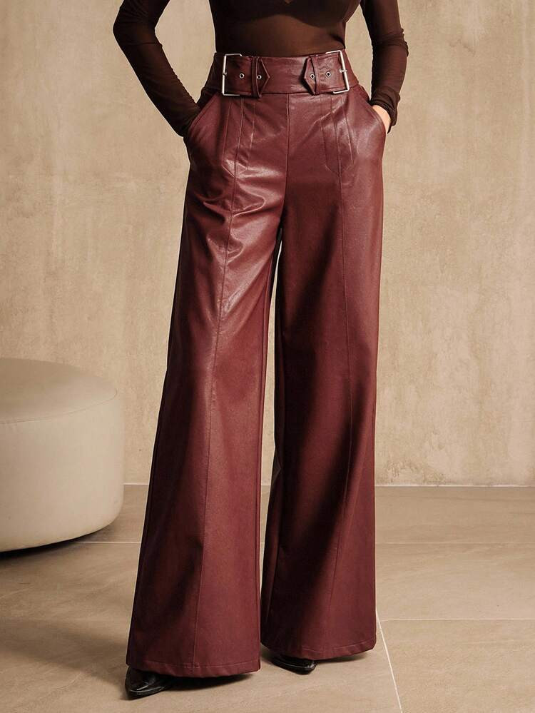 Anewsta Women's High Waist Wide Leg PU Leather Pants, Burgundy, Business Casual New Style For Halloween, Autumn/Winter | SHEIN