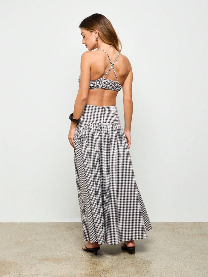 AiiRZ Gingham Crop Top And Volume Maxi Skirt Set | SHEIN