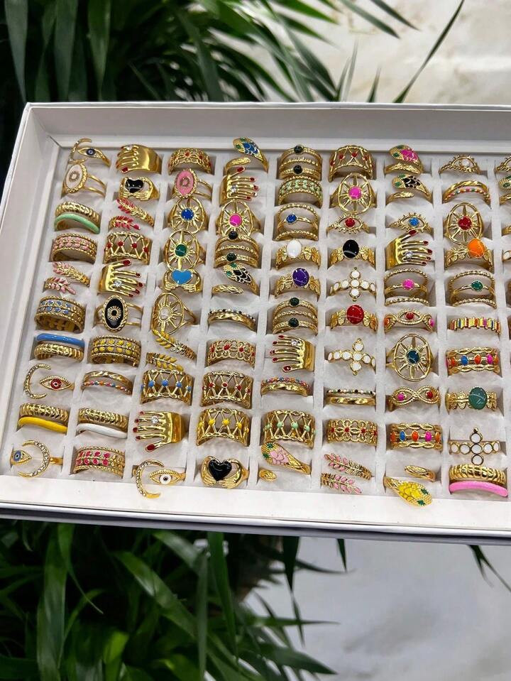 Onelike 16pcs Stainless Steel Golden Yellow Ring With Adjustable Opening And Color Decoration, Su... | SHEIN