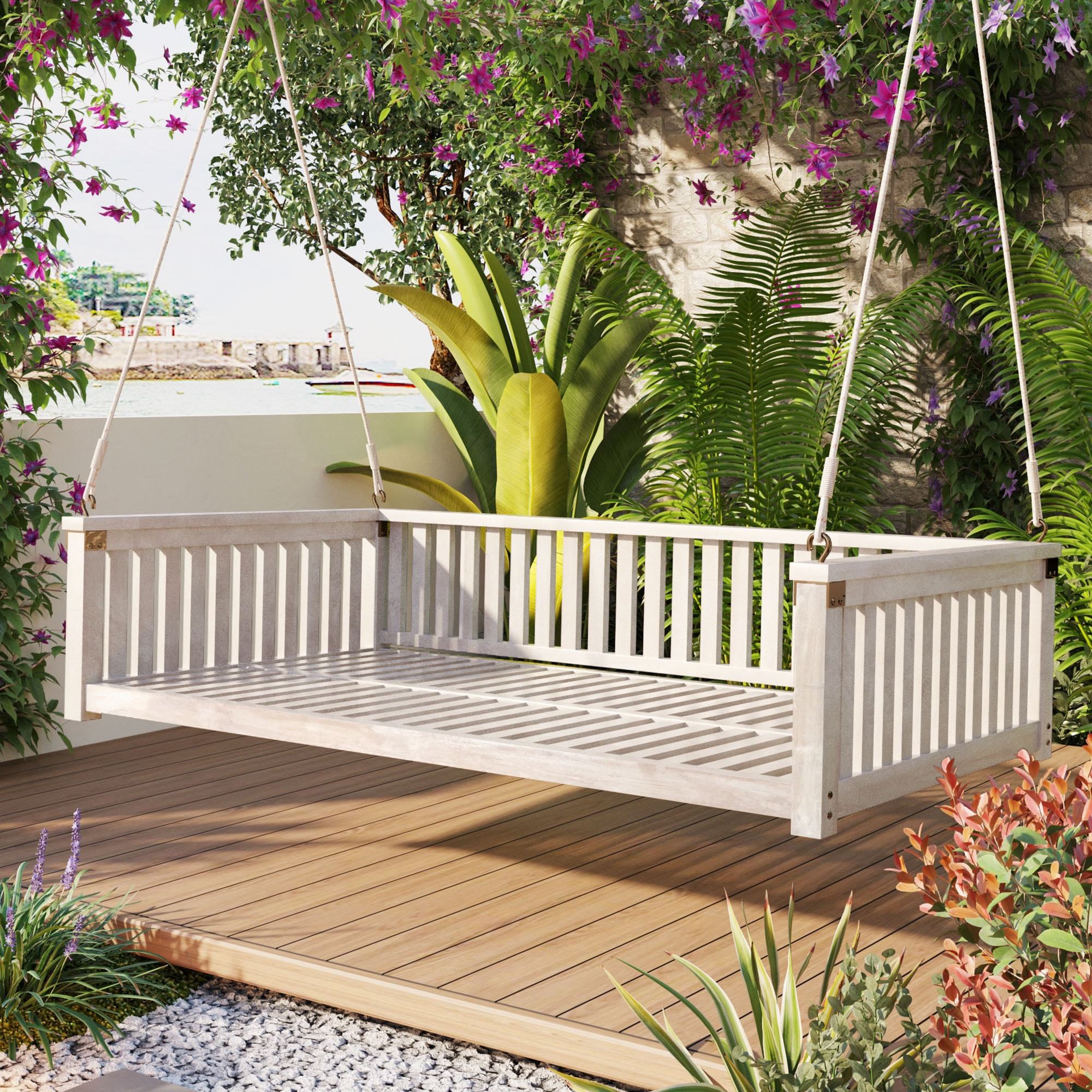 MooxvMoo Patio Minimalist Twin Size Garden Swing Bed Wood White Porch Swing with Ropes for Backyard Safe Sloped Design for Outdoor Relaxation | Lowe's