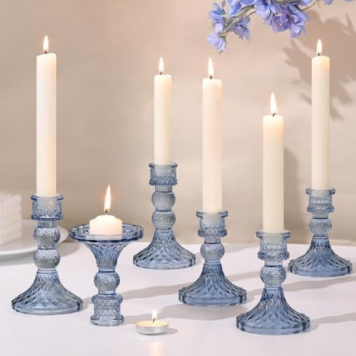 DARJEN Blue Glass Candlestick Holders Set of 6, 4" H & 5" H Taper Candle Holders for Candlesticks... | Amazon (US)