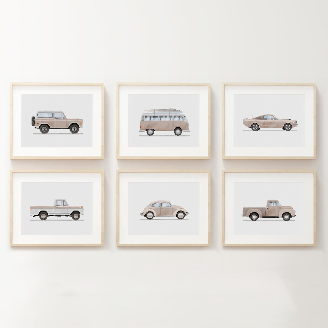 Set of 6 Vintage Beige Vehicle Prints, Boys Room Decor, Retro Car Prints for Boys Room, Kids Room... | Etsy (US)