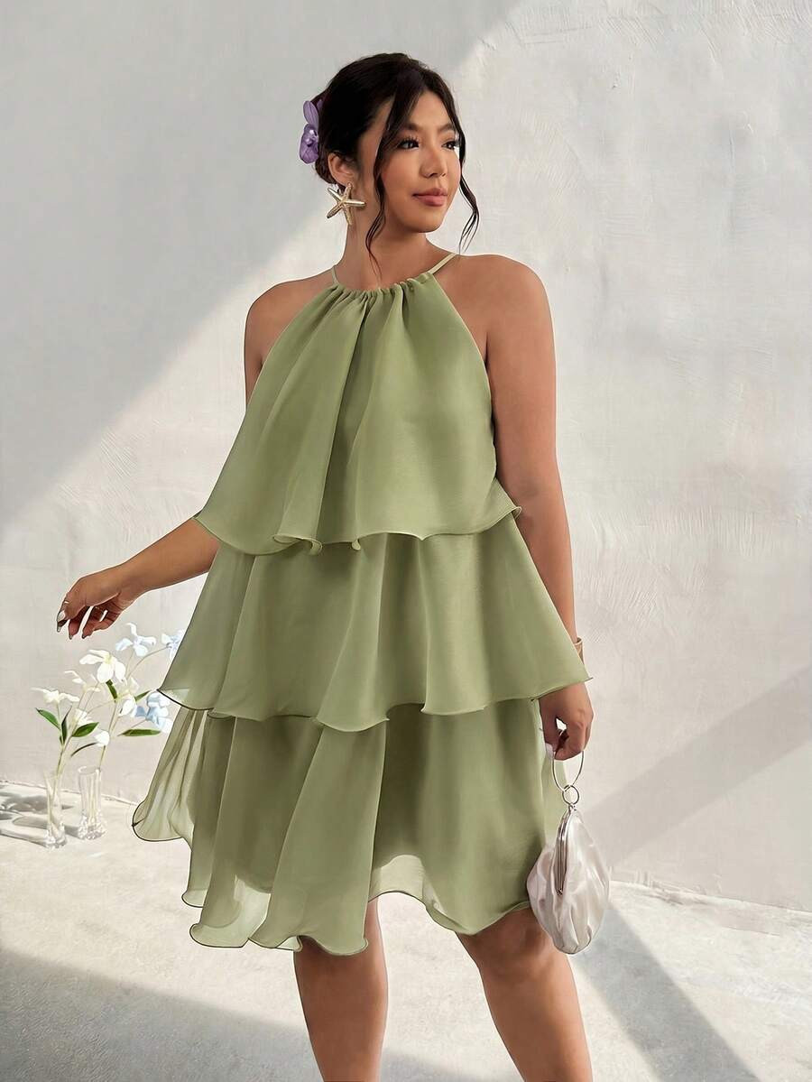 Firerie Plus Size Comfortable Casual Elegant Multi-Layer Cake Dress, Lightweight Flattering Sleeveless Dress For Dates, Gatherings, Parties | SHEIN