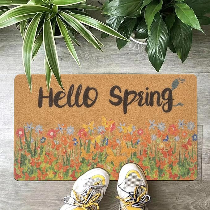 Hello Spring Floral Welcome Doormat - Non Slip Flower Coir Rubber Entrance Front Door Mat Outdoor... | Amazon (US)