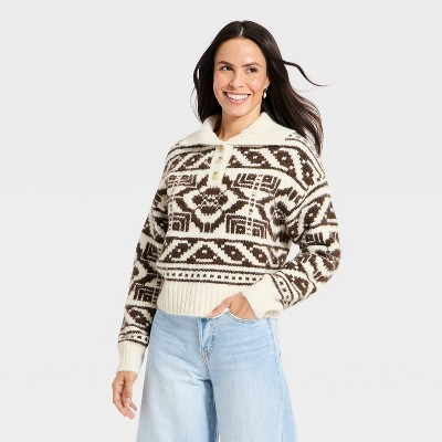 Women's Fairisle Henley Shawl Sweater - Universal Thread™ | Target