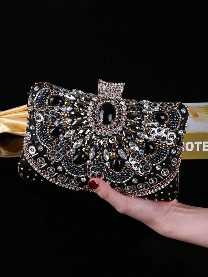 A Black Rhinestone And Diamond-Studded Embroidery Floral Pattern Ladies Evening Bag With Fine Hea... | SHEIN