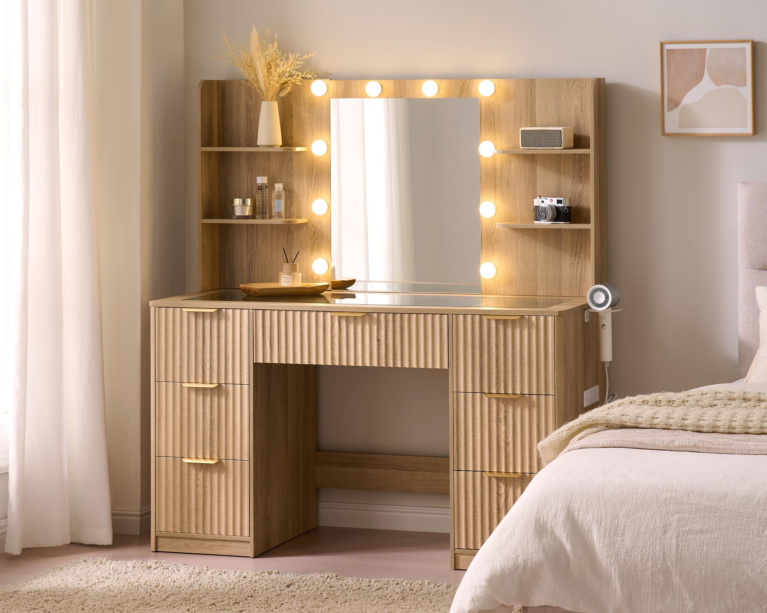 AMERLIFE 47.2" Fluted Vanity Desk with Mirror and Adjustable LED Lights, Large 7 Drawers Makeup T... | Amazon (US)