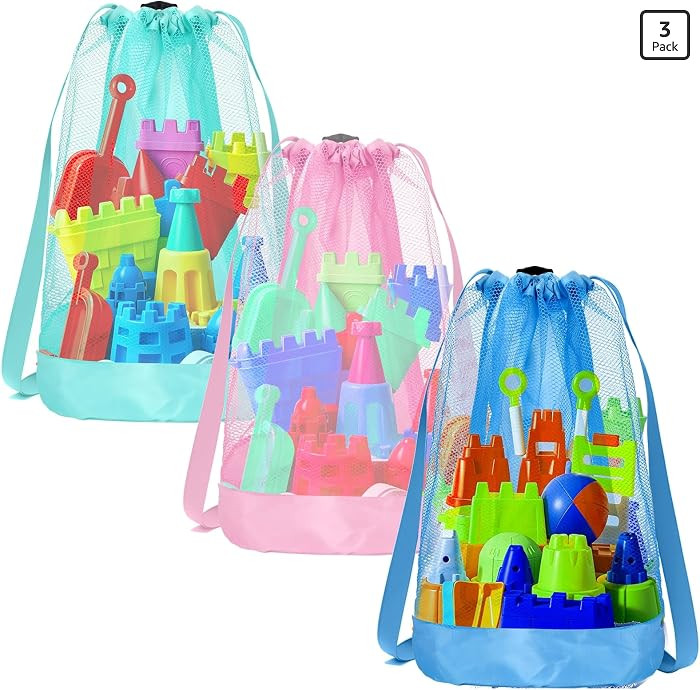 Beach Toy Bag,3pcs Mesh Travel Sand Toys Backpack for Sandbox Buckets,Beach Vacation Essentials f... | Amazon (US)