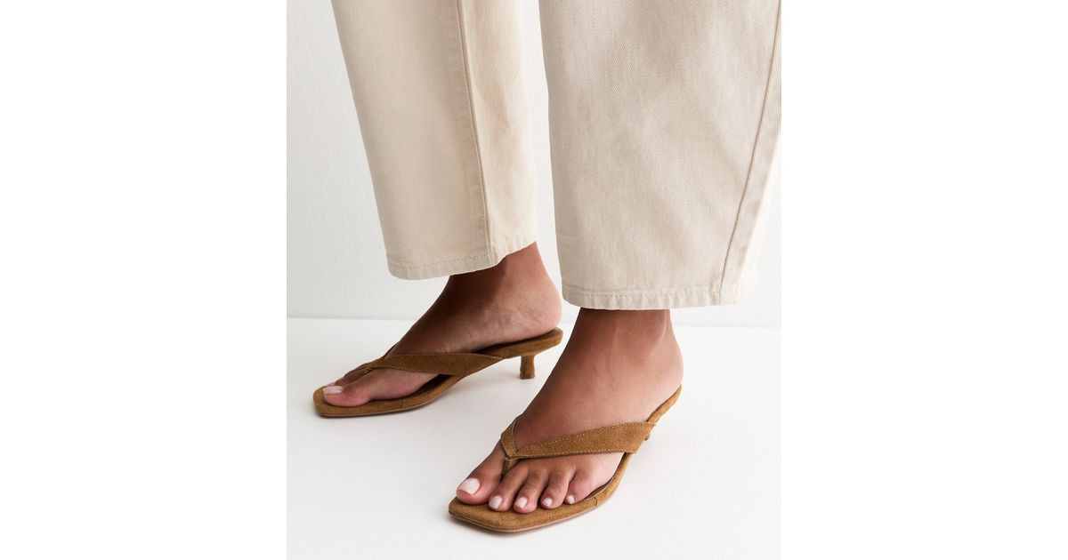 Women's Premium Real Suede Tan Toe Post Kitten Heel Mules New Look | New Look (UK)