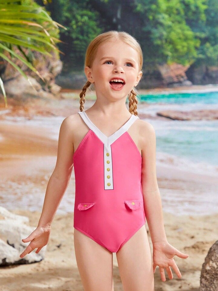 Young Girl's Cute Color-Block One-Piece Swimsuit | SHEIN
