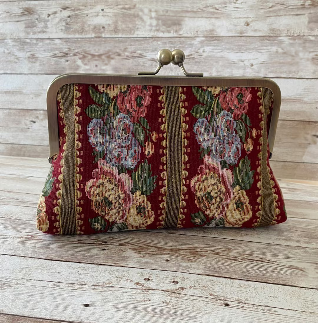 Floral Victorian Style Tapestry Clutch Bag With Crossbody Chain, Red Burgundy Blue Pink Floral Ba... | Etsy (US)