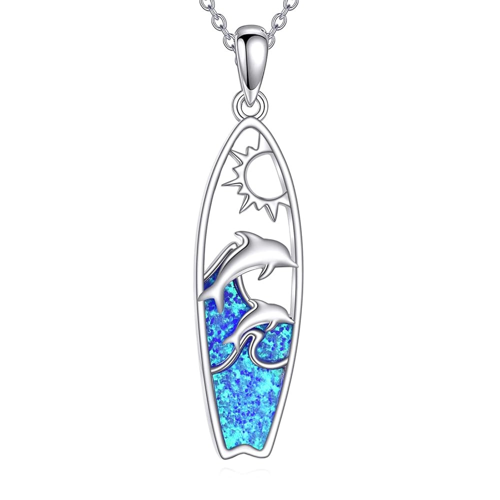 Surfboard Blue Opal Necklace Sterling Silver Ocean Animal Pendant Surf Jewelry Surfer Gift for Wo... | Amazon (US)