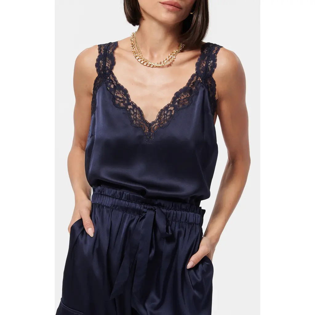 CAMI NYC Fernanda Lace Trim Silk Charmeuse Tank in Navy at Nordstrom, Size Medium | Nordstrom