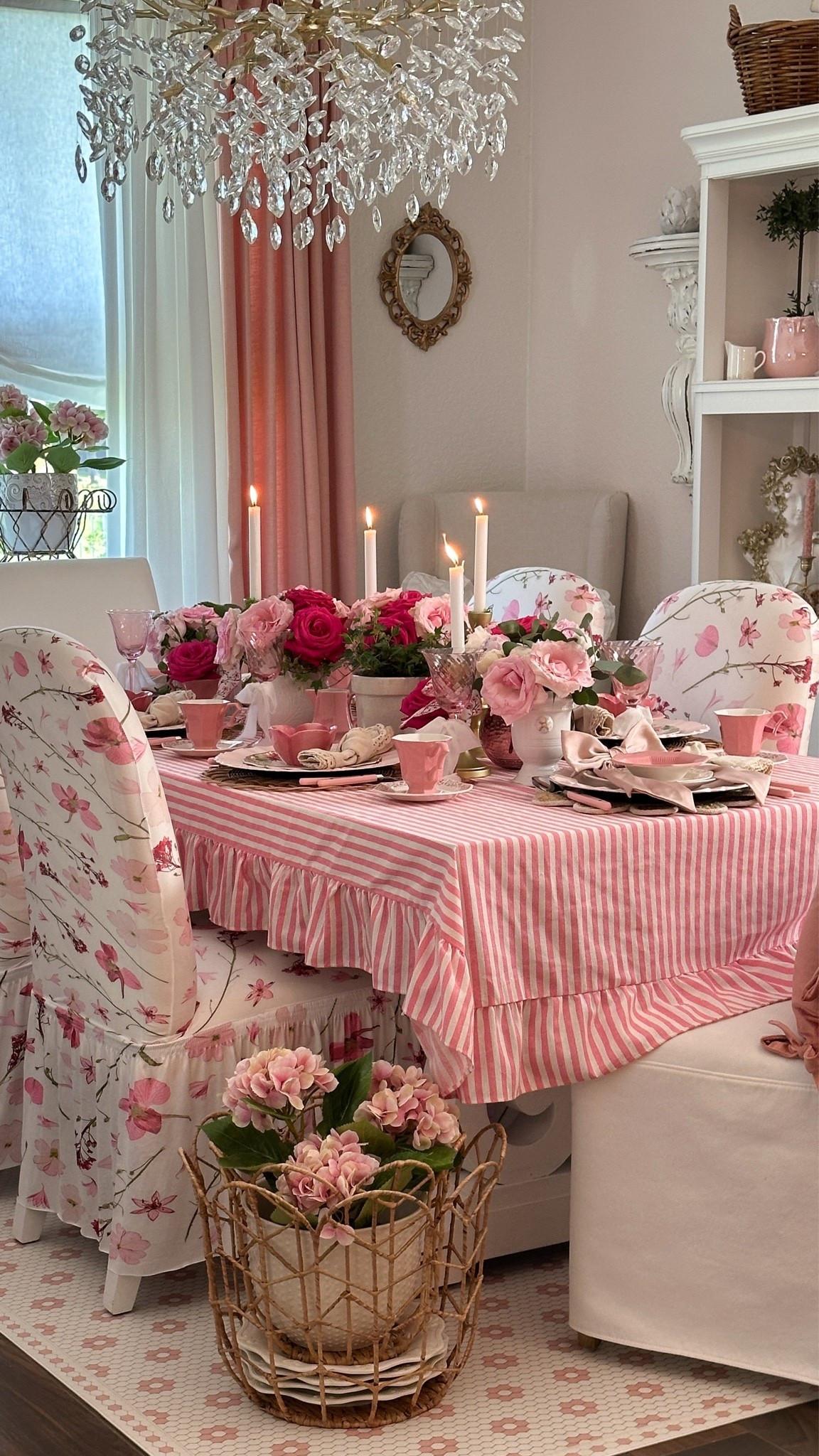 Pink tablecloth , faux hydrangeas plant and pink silverware.🩷

#LTKHome