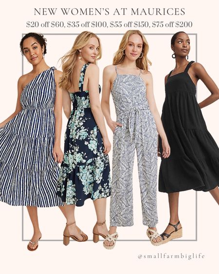 New women’s dresses and jumpsuits at Maurice’s. Wedding guest dress. Date night outfit. Summer outfit. Summer dress. Graduation dress. Sweetheart floral tiered midi dress. Striped one shoulder maxi dress. Black double cloth flowy midi dress. Tie front jumpsuit  

#LTKFindsUnder50 #LTKOver40 #LTKSaleAlert