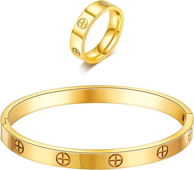 18K Gold Plated Friendship Love Bracelet with Ring Jewelry Set for Women Stainless Steel Cuff Ova... | Amazon (CA)