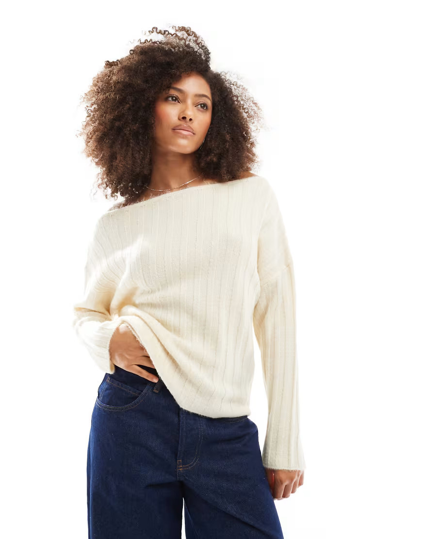 ASOS DESIGN knitted slouchy off the shoulder jumper in rib in cream-White | ASOS (Global)