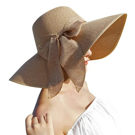 YODETEY Women Big Brim Straw Hat Sun Floppy Wide Brim Hats Bowknot Folding Beach Cap | Walmart (US)