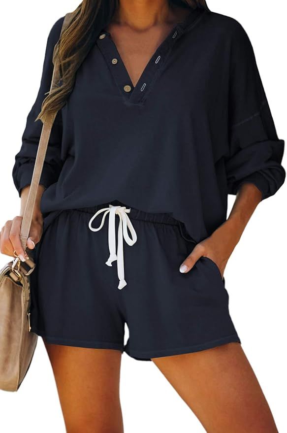 Fixmatti Women Shorts Sweatsuit Sets Long Sleeve Top and Shorts Pant Set | Amazon (US)