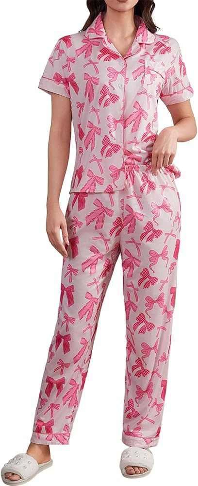 MakeMeChic Women's 2 Piece Pajama Set Cute Bow Short Sleeve Button Down Shirt and Pants Loungewea... | Amazon (US)