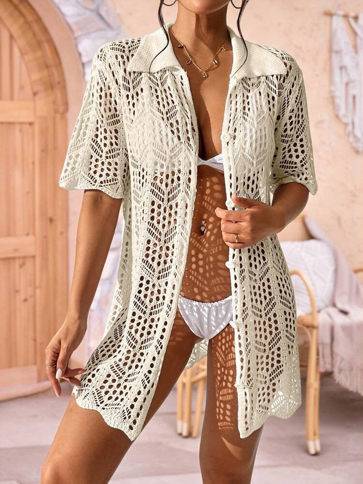 SHEIN Swim Summer Beach Hollow Out Button Front Kimono | SHEIN