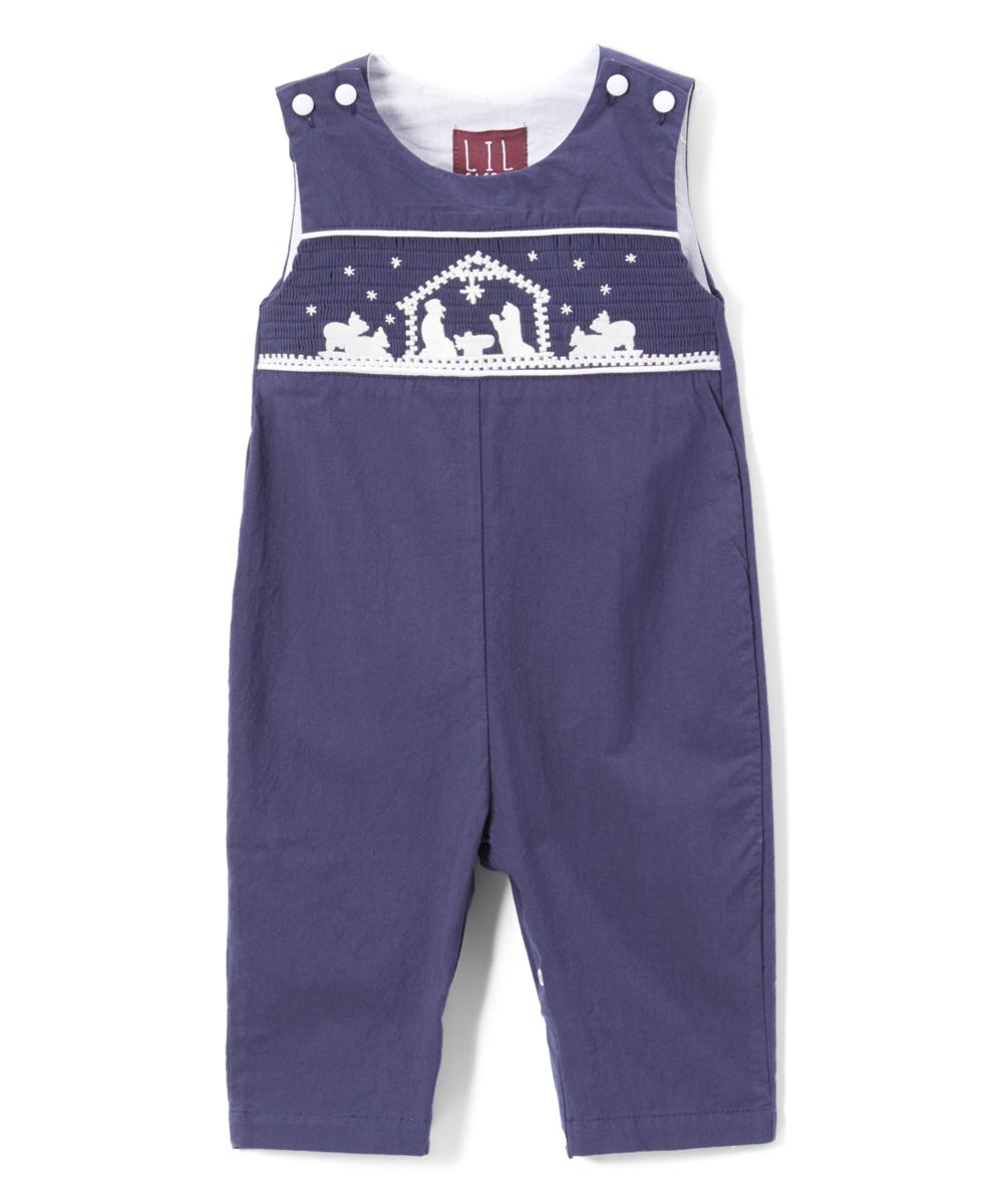 Lil Cactus Boys' Overalls - Dark Blue Nativity Smocked Overalls - Infant | Zulily