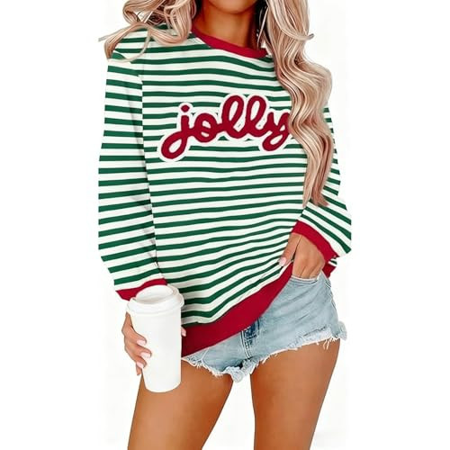BEBNKGK Christmas Sweatshirt for Women Glitter Patch Jolly Letter Print Sweatshirts Xmas Long Sleeve Striped Pullover Top(GreenStripe,XL) | Amazon (US)