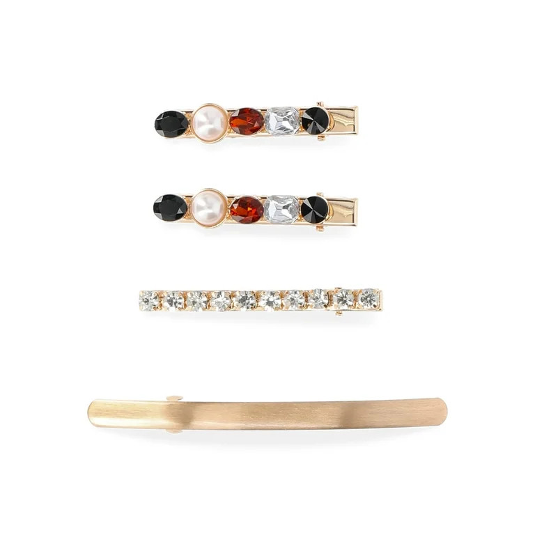 Time and Tru Women's Faux Pearl and Multi-Color Stone Hair Clip Set, 4-Piece Set, Brown | Walmart (US)