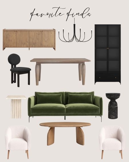 Wayfair favorite finds:
Green sofa modern. White side table modern. Black side table modern. Natural wood coffee table. White accent chairs. Natural wood dining table. Black dining chair modern. Natural wood sideboard. Black chandelier modern. Black cabinet tall.

#LTKhome #LTKsalealert